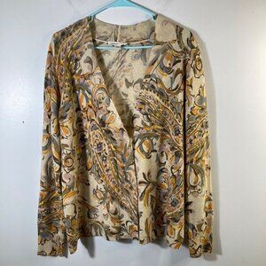 Womens Coldwater Creek Wool Rabbit Blend Floral‎ Cardigan L Tan Blue Orange